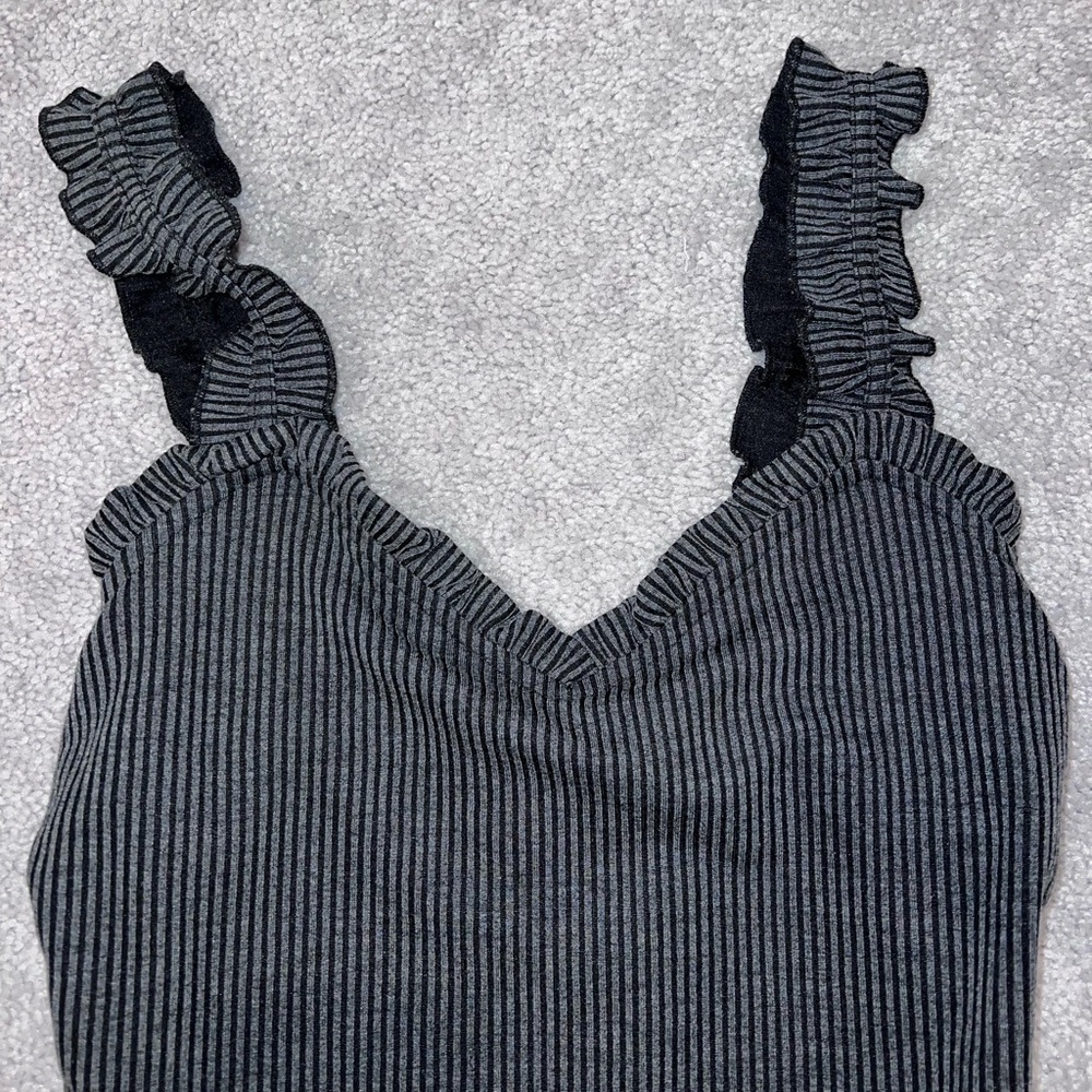 Pink Lily Gray Ribbed Ruffle Bodysuit - Picture 2 of 4